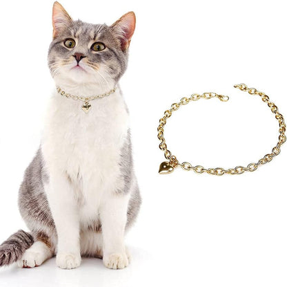 Dog Collar and Cat Chain Necklace Stainless Steel Adjustable 18K Gold Heart-Shaped Necklace for Small Pets Cats Kitten Puppy (Gold, 7 Inch)