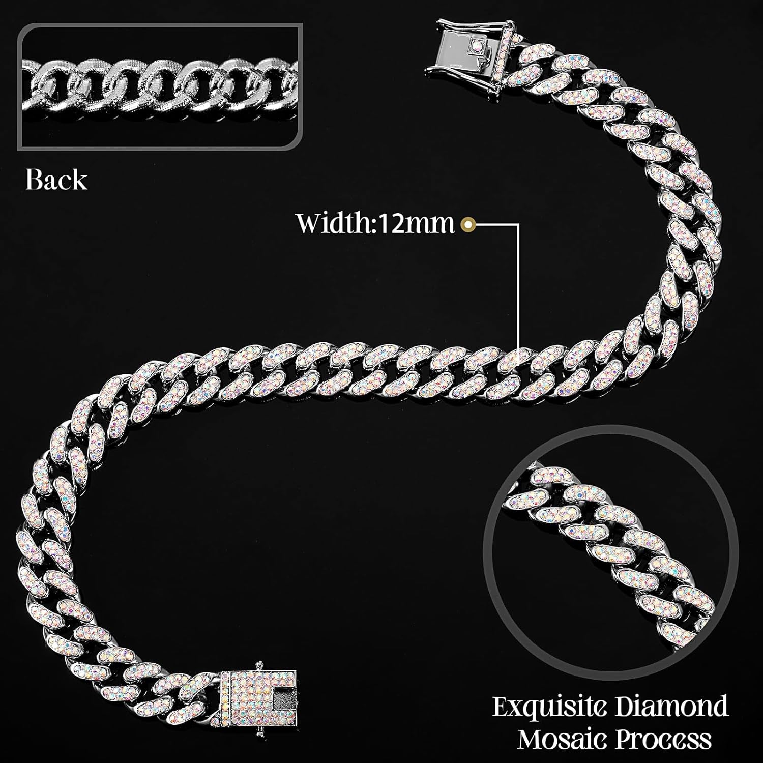 Dog Chain Collar Diamond Link Dog Collar 12 Mm Wide Dog Necklace Metal Cat Chain Pet Crystal Collar Jewelry Accessories for Small Medium Large Dogs Cats (Silver, AB Color,10 Inch)