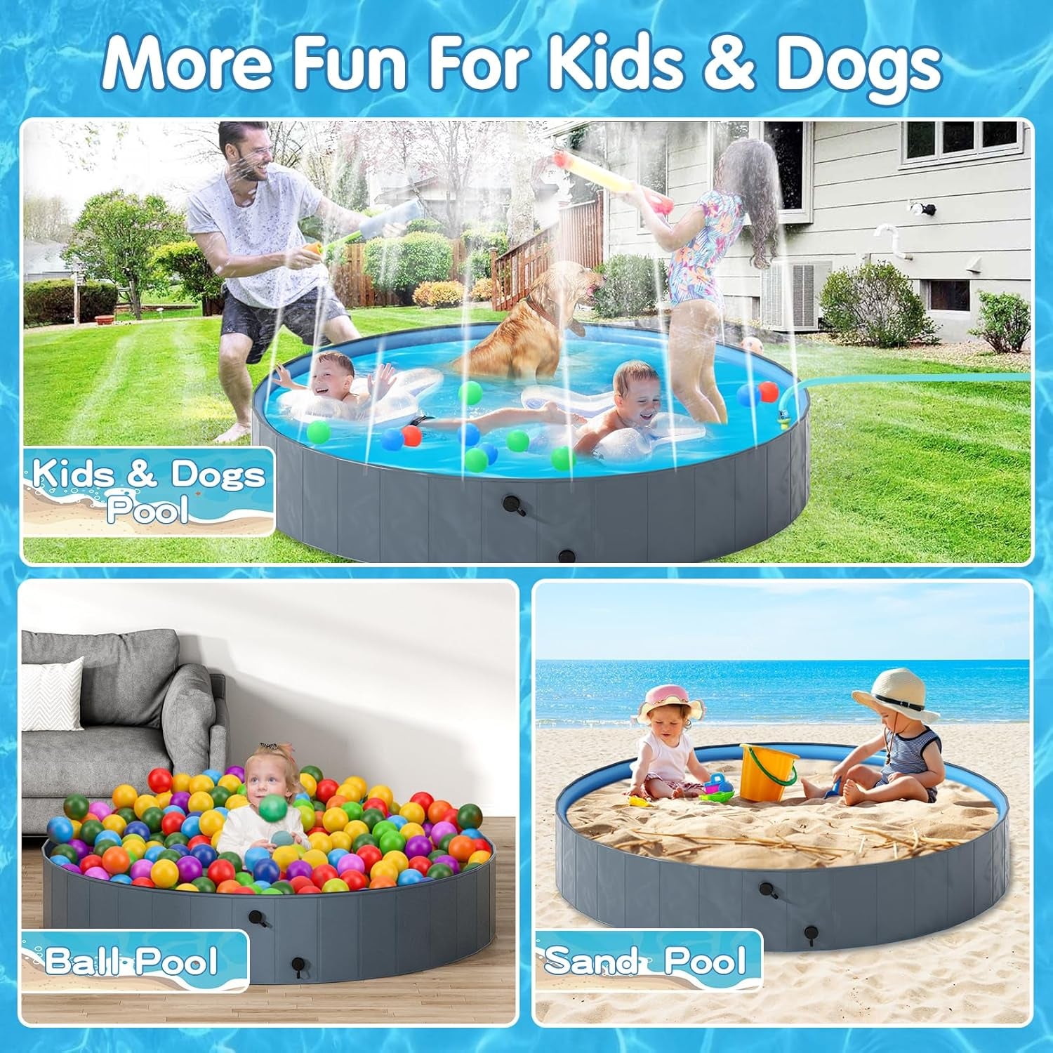 Dog Pool with Sprinkler, Foldable Portable Non-Slip Dog Bath Tub, Outdoor Kiddie Pool with Hard Plastic, Collapsible Dog Swimming Pool for Kids Dogs Pets, Gray (71"X12")