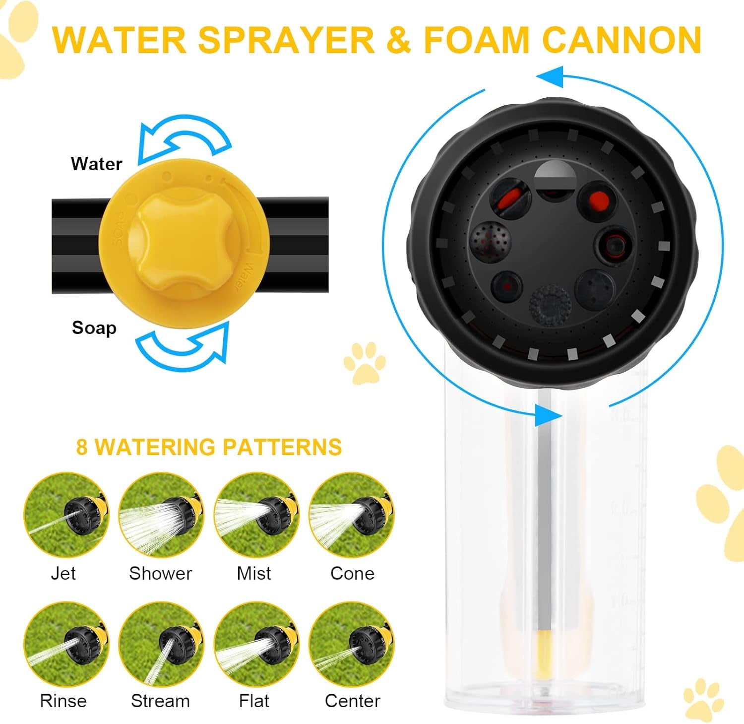 Pup Pony Jet Dog Wash, 7 Pieces Pet Bathing Tool Set Include Hose Nozzle Foam Sprayer with Connectors, Dog Rubber Comb Brush and Wash Mitt, for Showering Pet, Car Wash and Watering Plants