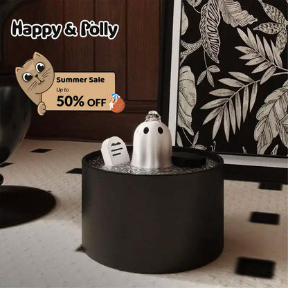 Large Capacity Ceramic Food-Grade Pet Fountain with Gothic Style Design, 50Oz/1.5L Capacity, Black Ghost Cat Drinking Water Fountain, USB Powered - Ideal for Kittens and Puppies