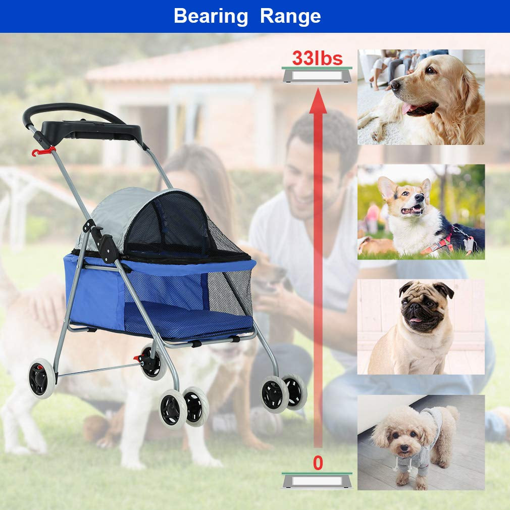 Pet Stroller 4 Wheels Posh Folding Waterproof Portable Travel Cat Dog Stroller with Cup Holder,Blue