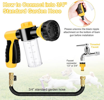 Pup Pony Jet Dog Wash, 7 Pieces Pet Bathing Tool Set Include Hose Nozzle Foam Sprayer with Connectors, Dog Rubber Comb Brush and Wash Mitt, for Showering Pet, Car Wash and Watering Plants