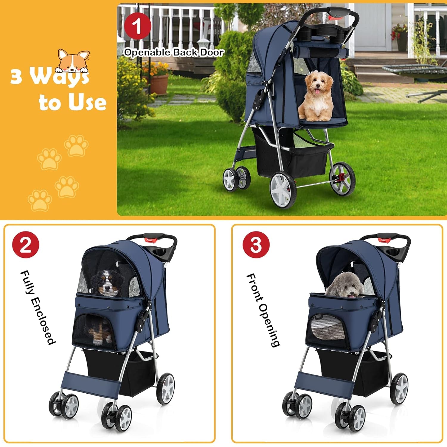 Folding Dog Stroller, Pet Stroller for Small Medium Dogs Cats Puppy, 4 Lockable Wheels Cat Stroller Travel Carrier Strolling Cart with Safety Belt, Removable Liner and Storage Basket (Navy)