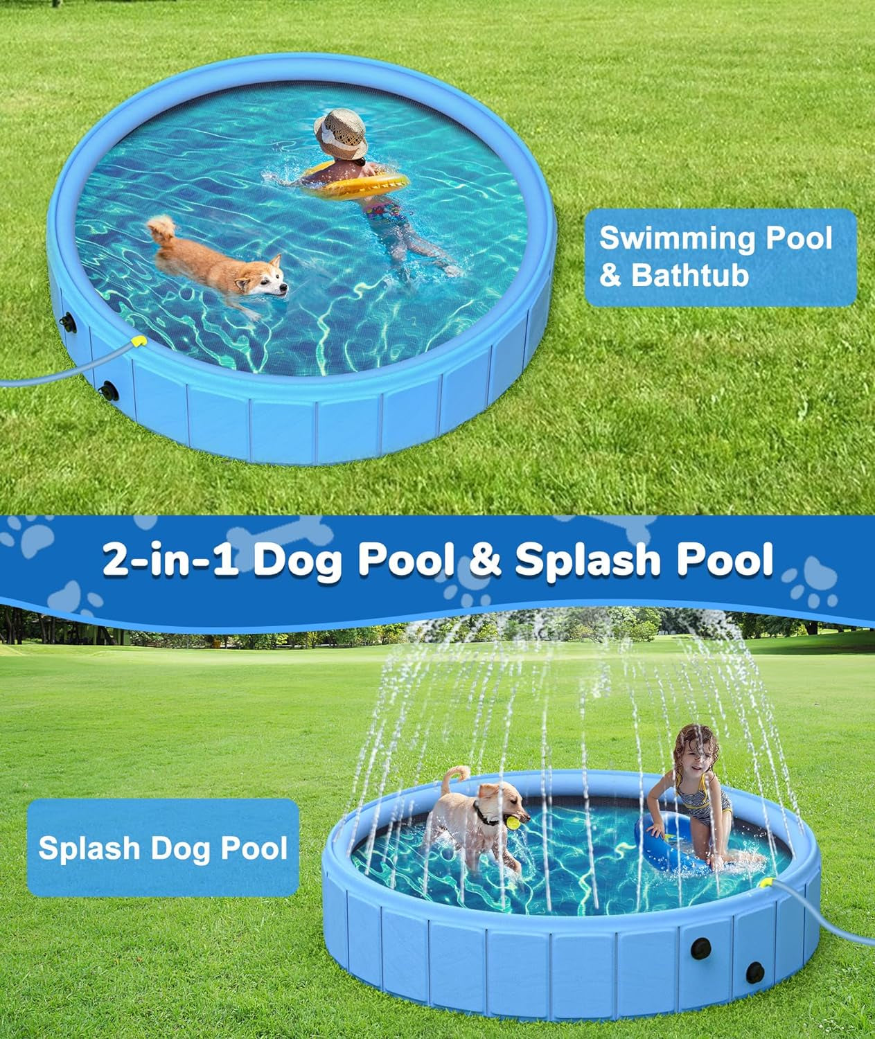 Large Foldable Dog Pool, 0.55 MM PVC Portable 2-In-1 Heavy Duty Pet Pool Bathtub Dog Sprinkler Pool with Non-Slip Bottom, Outdoor Summer Water Toy for Dog, Cat, Kids (79'')