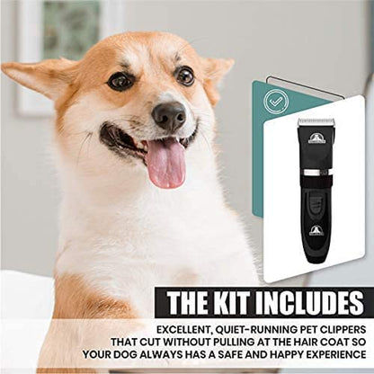 Professional Dog Grooming Kit - Cordless Low Noise Dog Clippers for Grooming Thick Coats - All Pet Safe Cat Hair Trimmer - Pet Grooming Kit Includes Dog Hair Clippers, Nail Trimmer & Shears