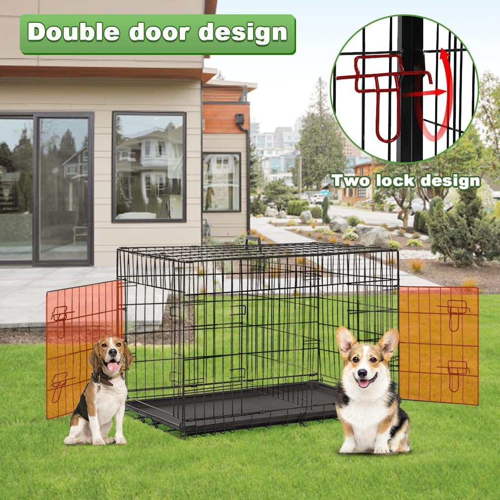 Large Dog Crate Dog Cage Dog Kennel Metal Wire Double-Door Folding Pet Animal Pet Cage with Plastic Tray and Handle,24 Inches