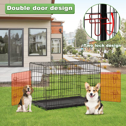 Large Dog Crate Dog Cage Dog Kennel Metal Wire Double-Door Folding Pet Animal Pet Cage with Plastic Tray and Handle,24 Inches