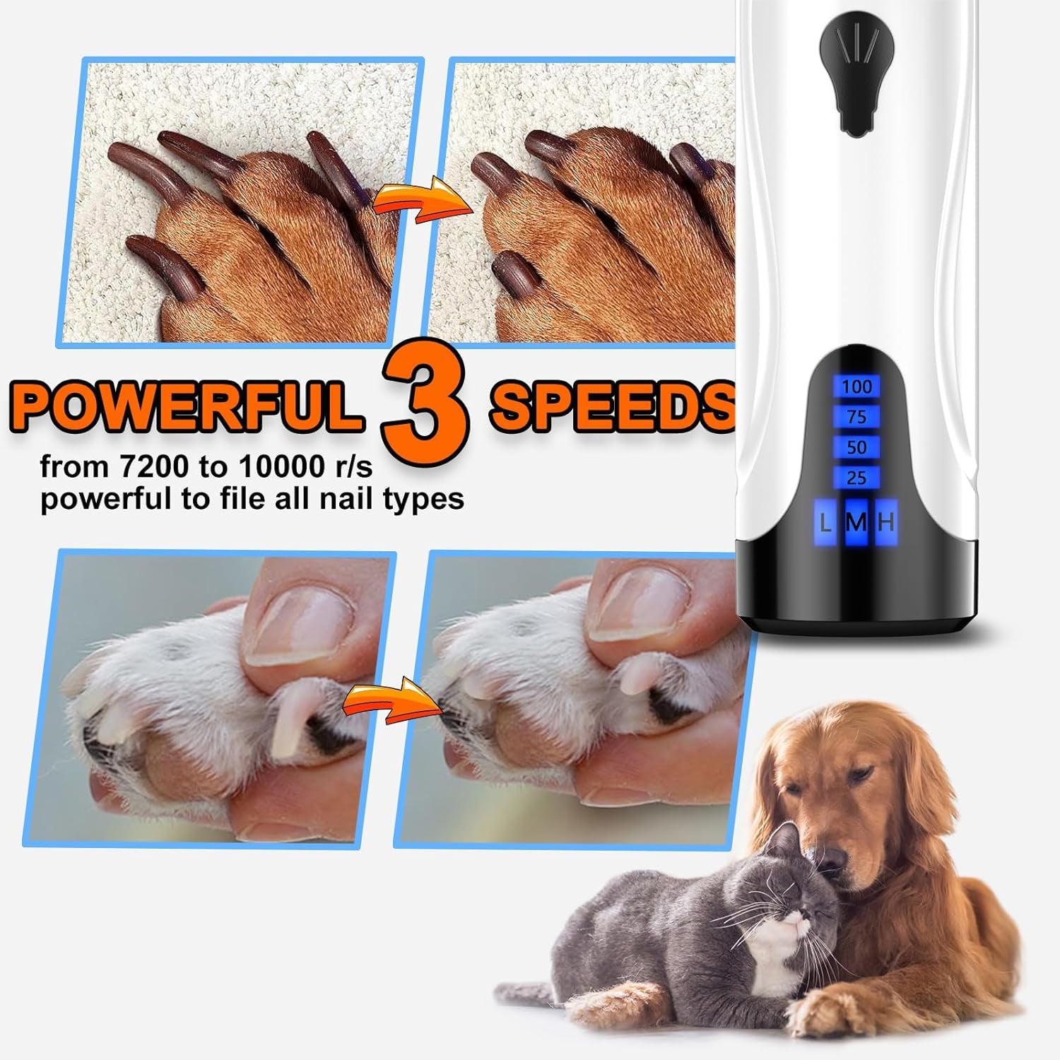 Dog Nail Grinder, Dog Nail Trimmers and Clippers Kit, Super Quiet Electric Pet Nail Grinder, Rechargeable, for Small Large Dogs & Cats Toenail & Claw Grooming,3 Speeds, 2 Grinding Wheels (A-Dark Blue)