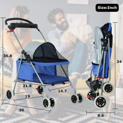 Pet Stroller 4 Wheels Posh Folding Waterproof Portable Travel Cat Dog Stroller with Cup Holder,Blue