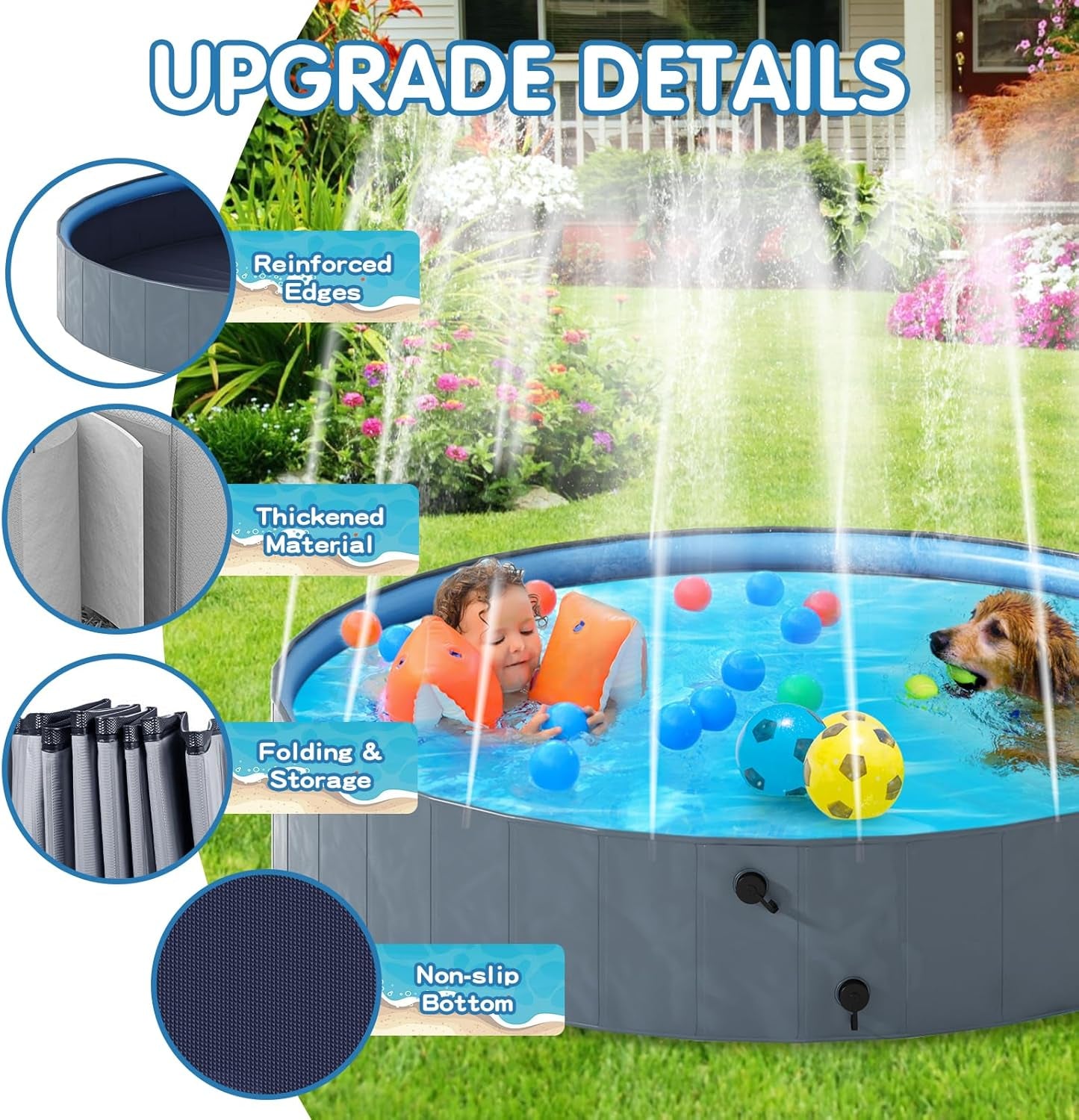 Dog Pool with Sprinkler, Foldable Portable Non-Slip Dog Bath Tub, Outdoor Kiddie Pool with Hard Plastic, Collapsible Dog Swimming Pool for Kids Dogs Pets, Gray (71"X12")