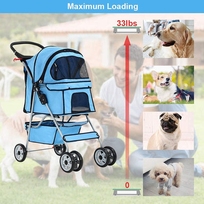 4 Wheels Pet Stroller Cat Dog Cage Stroller Travel Folding Carrier 04T