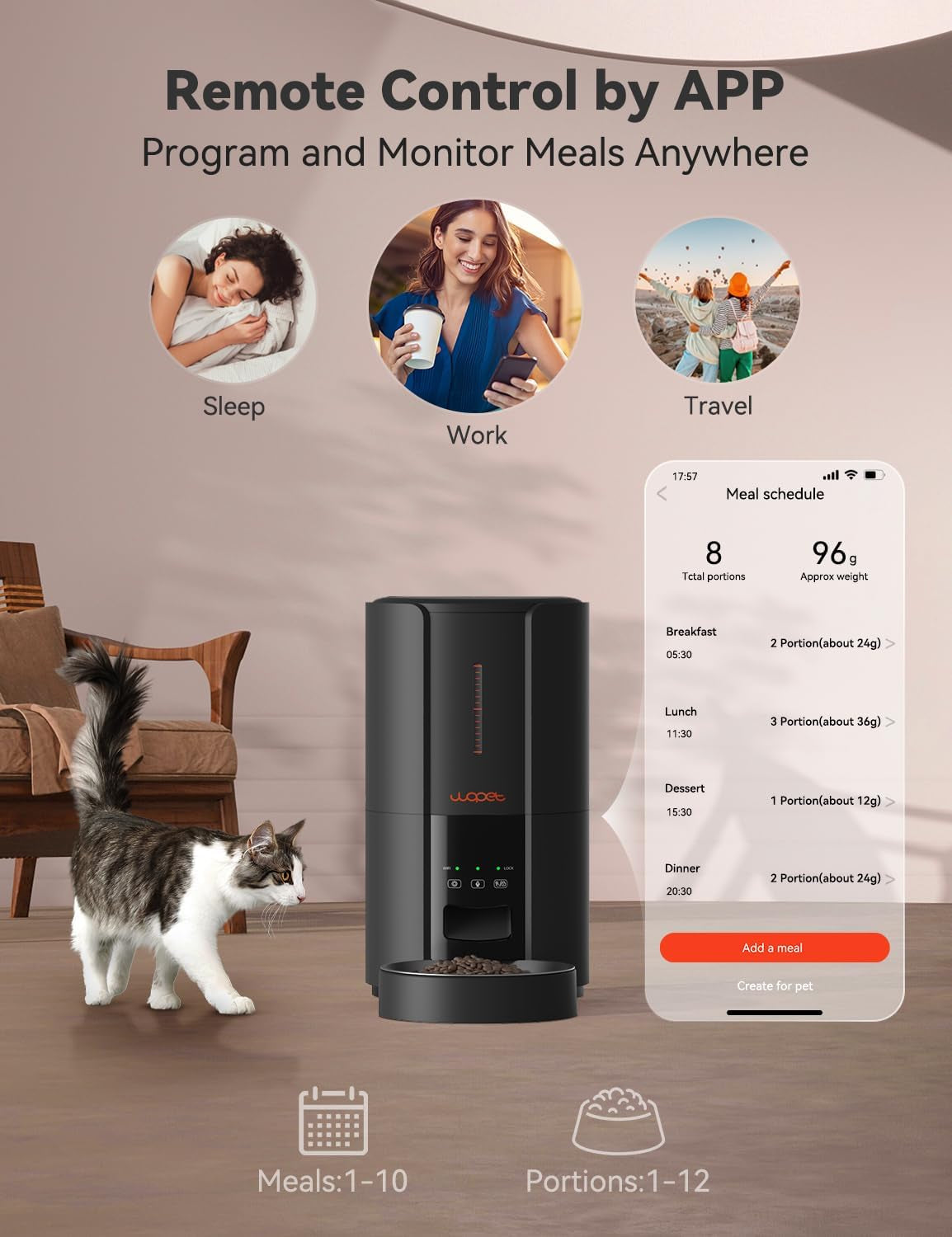 Automatic Cat Feeders,5L Wifi Pet Feeder with App,Schedule Feeding Pet Dry Food Dispenser for Cats,10S Voice Recording,Up to 10 Meals per Day,Black