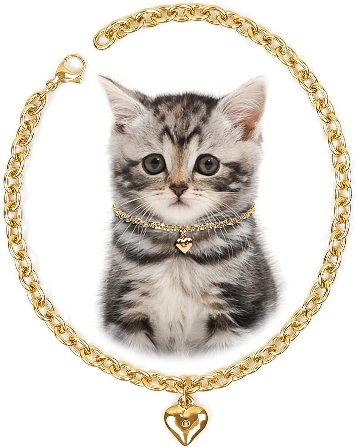 Dog Collar and Cat Chain Necklace Stainless Steel Adjustable 18K Gold Heart-Shaped Necklace for Small Pets Cats Kitten Puppy (Gold, 7 Inch)