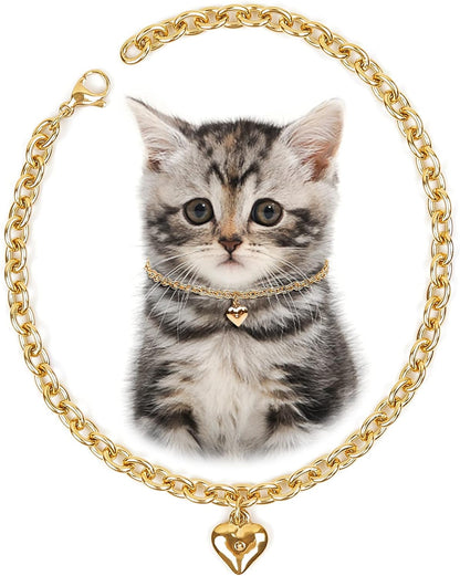 Dog Collar and Cat Chain Necklace Stainless Steel Adjustable 18K Gold Heart-Shaped Necklace for Small Pets Cats Kitten Puppy (Gold, 7 Inch)