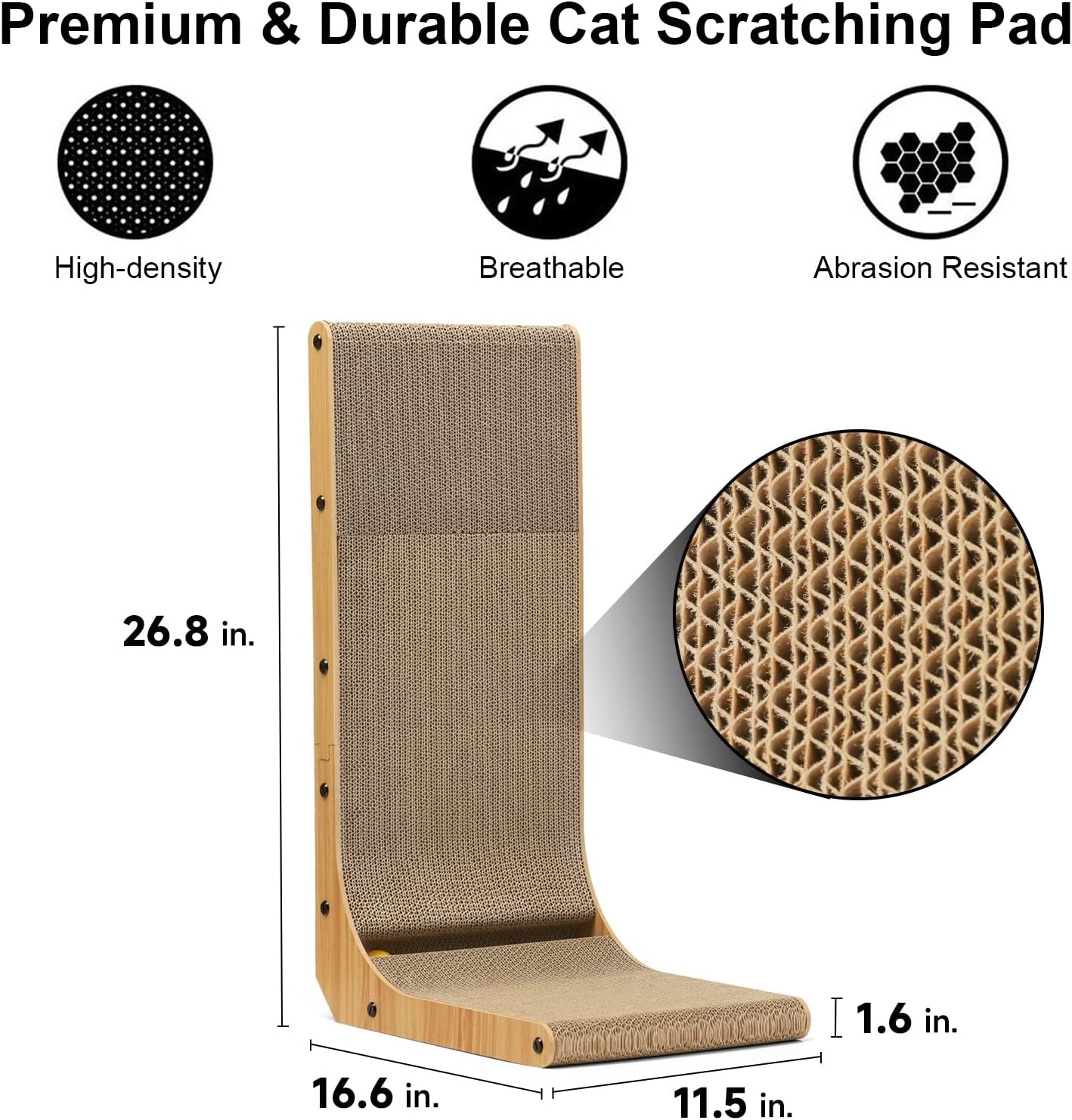 Large L-Shaped Wall Mounted Cat Scratcher with Ball Toy