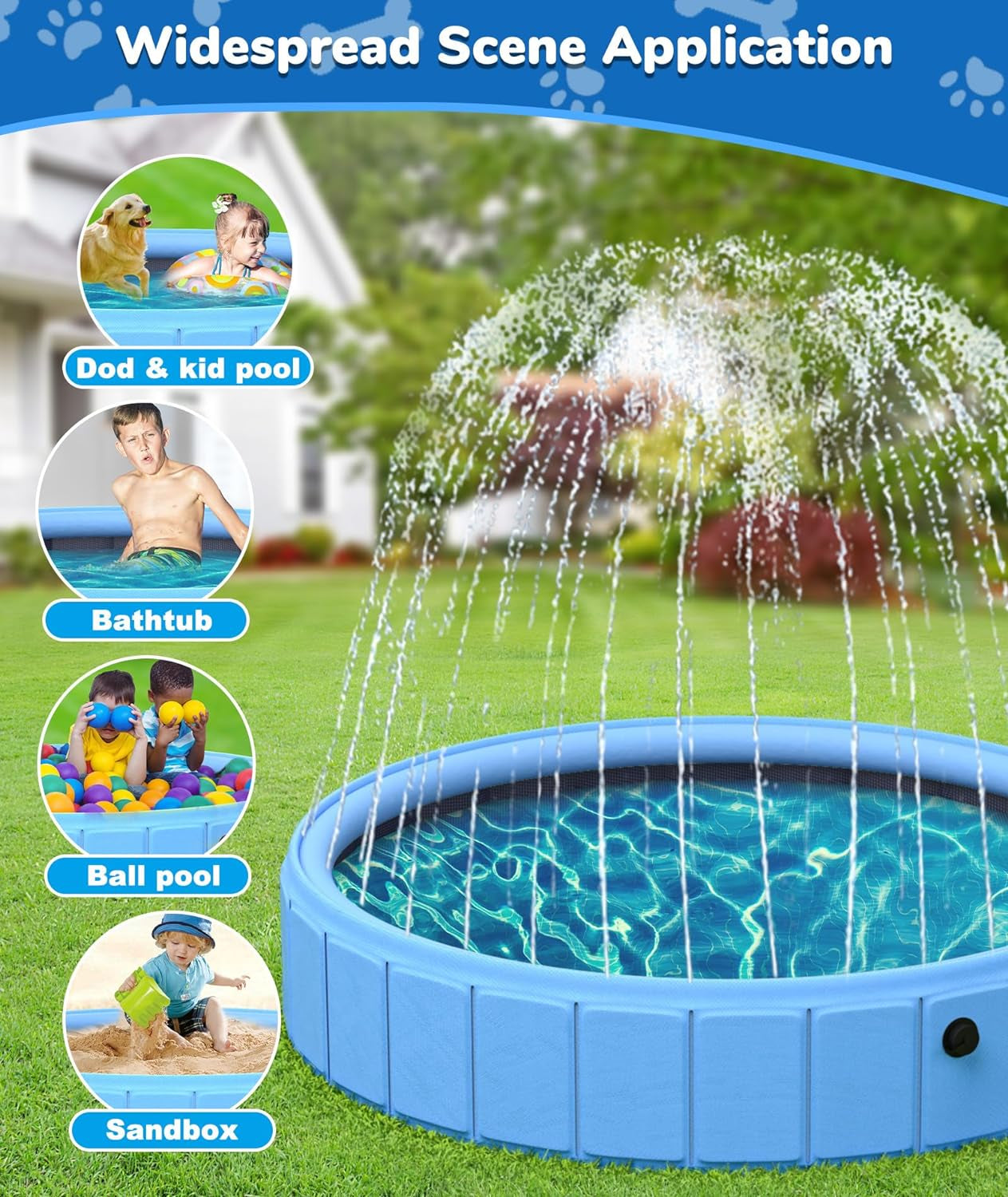 Large Foldable Dog Pool, 0.55 MM PVC Portable 2-In-1 Heavy Duty Pet Pool Bathtub Dog Sprinkler Pool with Non-Slip Bottom, Outdoor Summer Water Toy for Dog, Cat, Kids (79'')