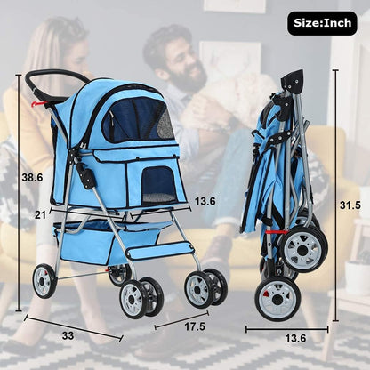 4 Wheels Pet Stroller Cat Dog Cage Stroller Travel Folding Carrier 04T