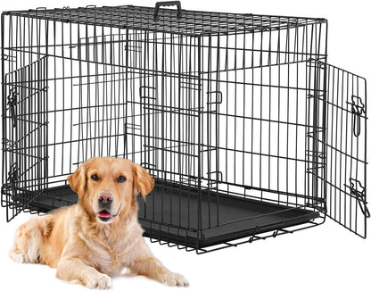 Large Dog Crate Dog Cage Dog Kennel Metal Wire Double-Door Folding Pet Animal Pet Cage with Plastic Tray and Handle,24 Inches