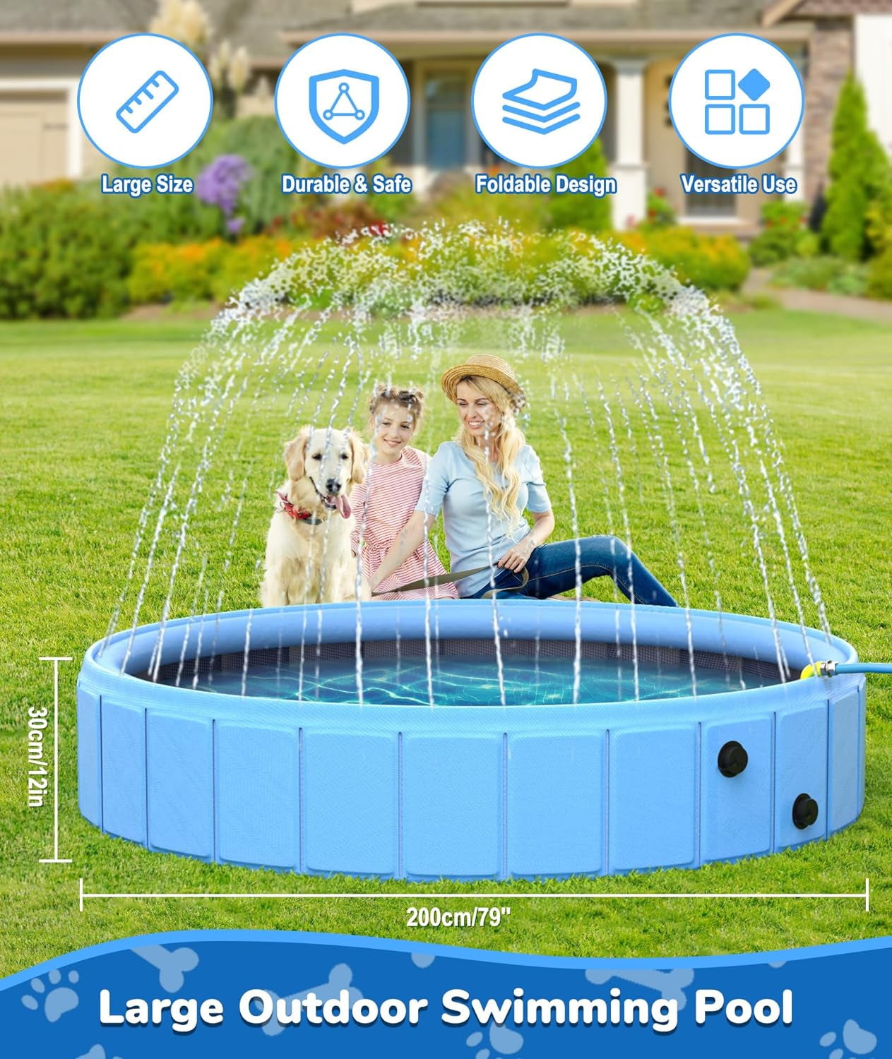 Large Foldable Dog Pool, 0.55 MM PVC Portable 2-In-1 Heavy Duty Pet Pool Bathtub Dog Sprinkler Pool with Non-Slip Bottom, Outdoor Summer Water Toy for Dog, Cat, Kids (79'')