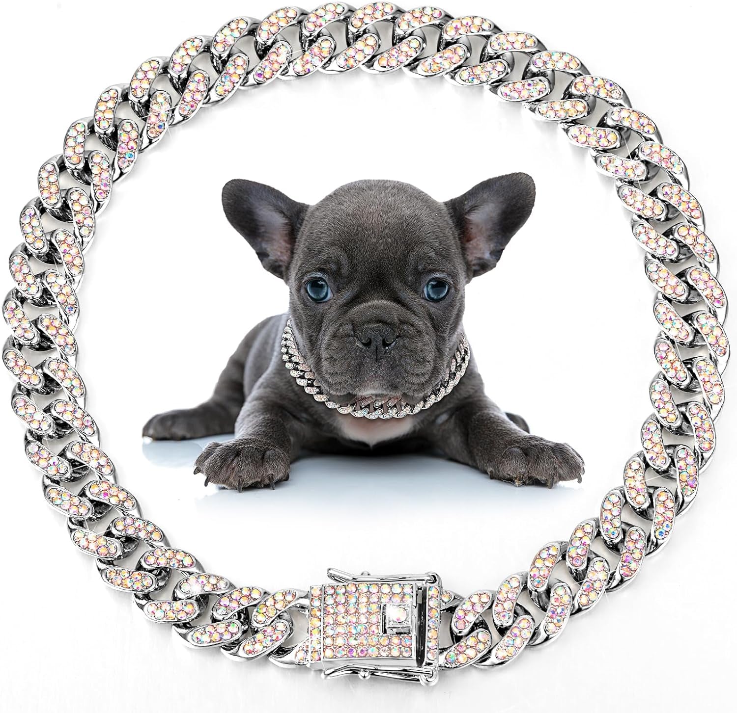 Dog Chain Collar Diamond Link Dog Collar 12 Mm Wide Dog Necklace Metal Cat Chain Pet Crystal Collar Jewelry Accessories for Small Medium Large Dogs Cats (Silver, AB Color,10 Inch)