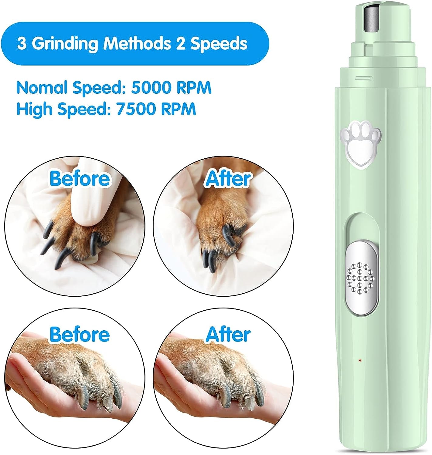 Dog Nail Grinder, 2-Speed Rechargeable Dog Nail Trimmers for Large Medium & Small Dogs, Upgrade Professional Electric Pet Paws Grooming, Quiet Puppy Grooming Tool, for Dogs Cats