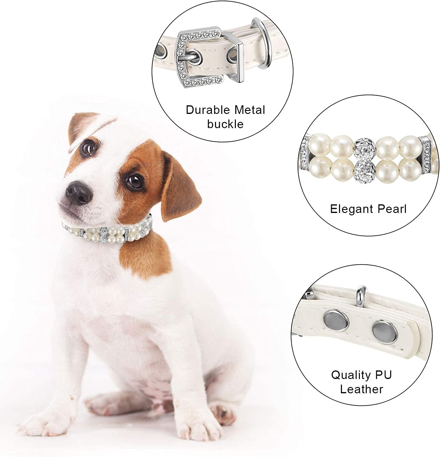 2 Pieces Small Dog Cat Pearl Collars and PET Pearl Necklace Set Cute Fashion PET Pu Leather Collars Necklace with Crystal Rhinestone for Dogs Cats Puppy Kitten Wedding Birthday Party (M)