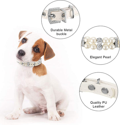 2 Pieces Small Dog Cat Pearl Collars and PET Pearl Necklace Set Cute Fashion PET Pu Leather Collars Necklace with Crystal Rhinestone for Dogs Cats Puppy Kitten Wedding Birthday Party (M)