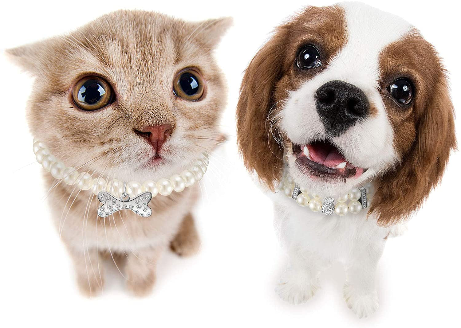 2 Pieces Small Dog Cat Pearl Collars and PET Pearl Necklace Set Cute Fashion PET Pu Leather Collars Necklace with Crystal Rhinestone for Dogs Cats Puppy Kitten Wedding Birthday Party (M)