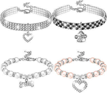 4 Pcs Pearl Dog Collar Necklaces Small Dogs Cats Rhinestones Collar Necklace Set, Crystal Pet Puppy Dog Necklace Adjustable Dog Jewelry for Pet Small Girls Cats (Small, Paw Style)