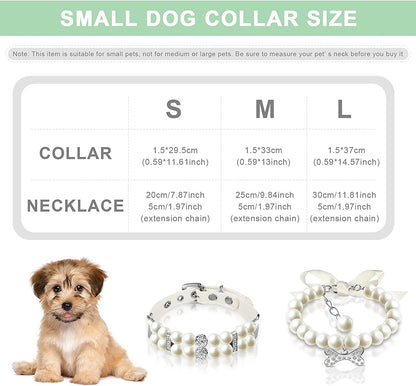 2 Pieces Small Dog Cat Pearl Collars and PET Pearl Necklace Set Cute Fashion PET Pu Leather Collars Necklace with Crystal Rhinestone for Dogs Cats Puppy Kitten Wedding Birthday Party (M)