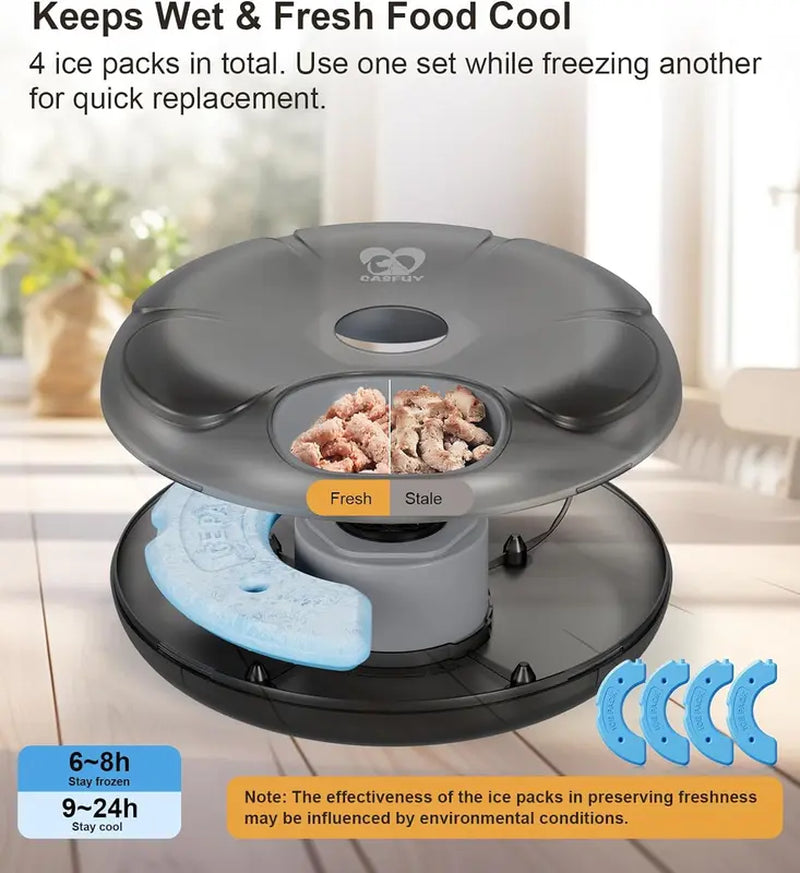 Automatic Cat Feeder Cordless - Automatic Cat Food Dispenser for Wet Moist Food with 4 Ice Packs Rechargeable Auto Feeder for Cats Small Dogs with Programmable Timer Low Battery Indicator