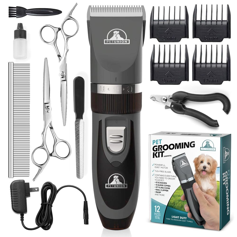 Professional Dog Grooming Kit - Cordless Low Noise Dog Clippers for Grooming Thick Coats - All Pet Safe Cat Hair Trimmer - Pet Grooming Kit Includes Dog Hair Clippers, Nail Trimmer & Shears