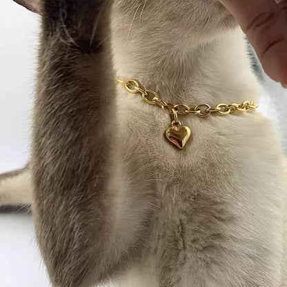 Dog Collar and Cat Chain Necklace Stainless Steel Adjustable 18K Gold Heart-Shaped Necklace for Small Pets Cats Kitten Puppy (Gold, 7 Inch)