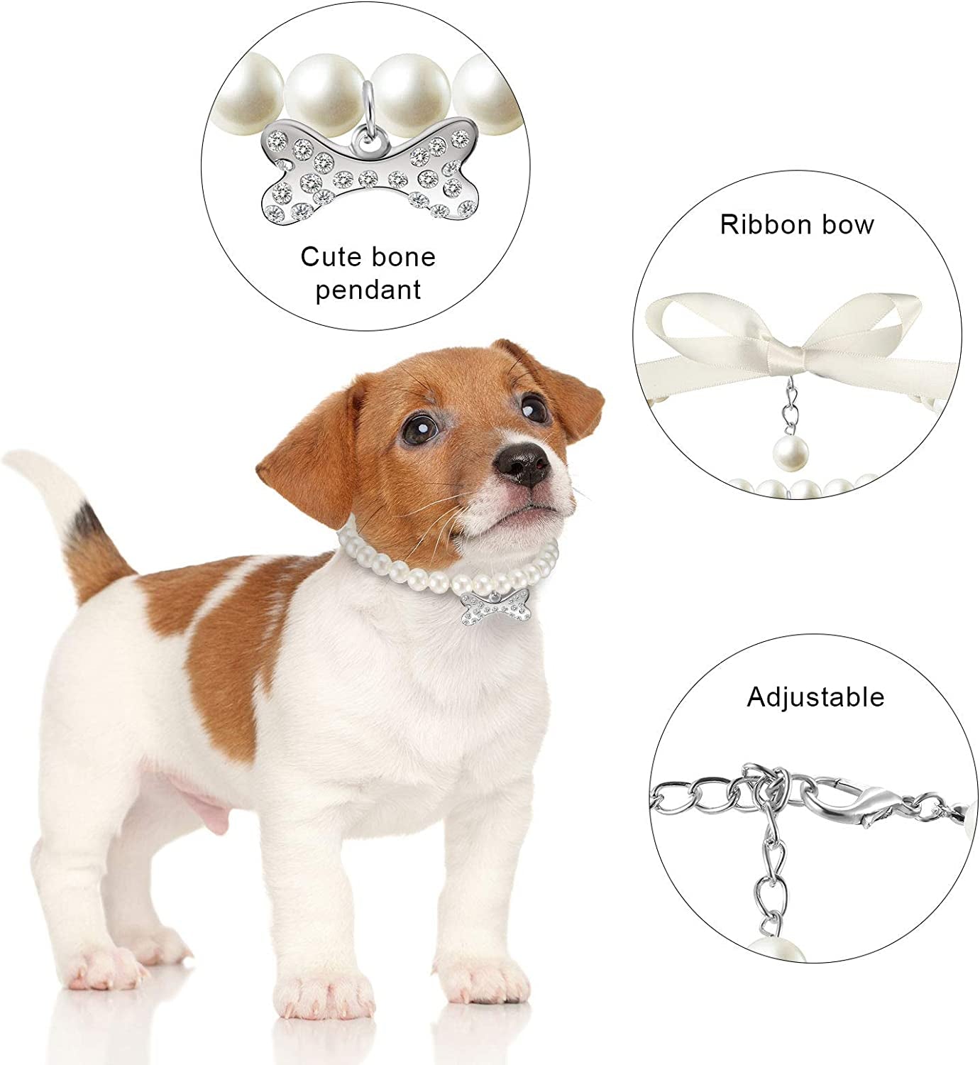 2 Pieces Small Dog Cat Pearl Collars and PET Pearl Necklace Set Cute Fashion PET Pu Leather Collars Necklace with Crystal Rhinestone for Dogs Cats Puppy Kitten Wedding Birthday Party (M)