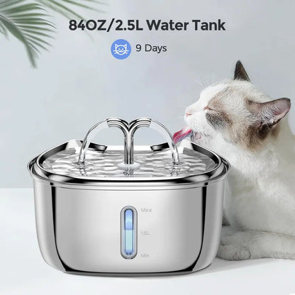 Pet Water Fountain with LED Light, 2.5L Stainless Steel Dispenser for Multiple Pets.