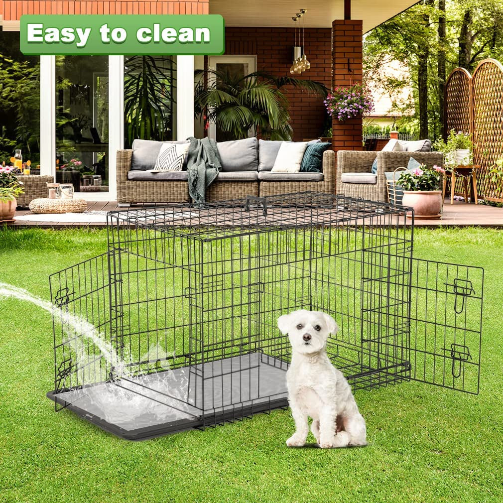 Large Dog Crate Dog Cage Dog Kennel Metal Wire Double-Door Folding Pet Animal Pet Cage with Plastic Tray and Handle,24 Inches