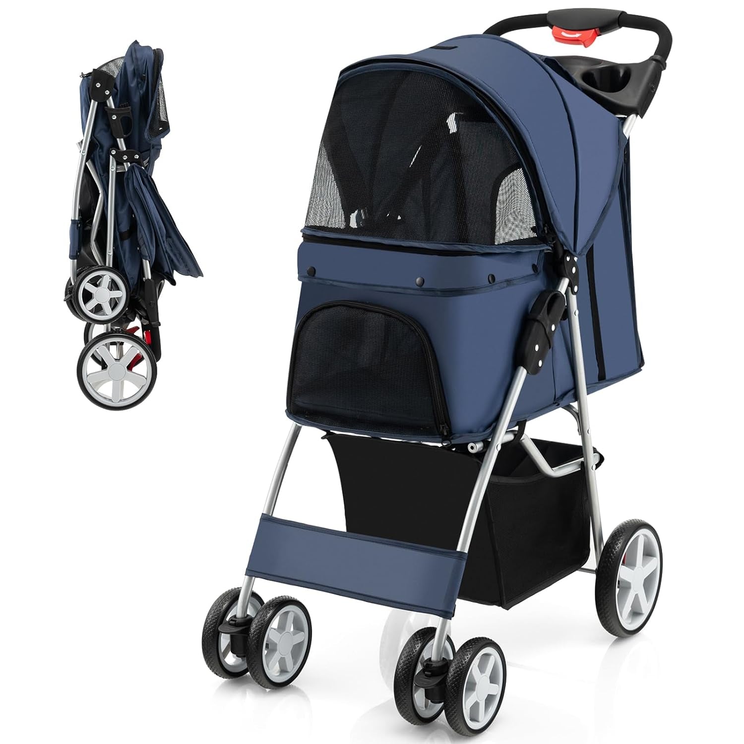 Folding Dog Stroller, Pet Stroller for Small Medium Dogs Cats Puppy, 4 Lockable Wheels Cat Stroller Travel Carrier Strolling Cart with Safety Belt, Removable Liner and Storage Basket (Navy)