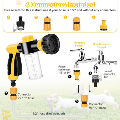 Pup Pony Jet Dog Wash, 7 Pieces Pet Bathing Tool Set Include Hose Nozzle Foam Sprayer with Connectors, Dog Rubber Comb Brush and Wash Mitt, for Showering Pet, Car Wash and Watering Plants