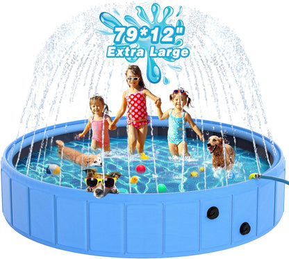 Large Foldable Dog Pool, 0.55 MM PVC Portable 2-In-1 Heavy Duty Pet Pool Bathtub Dog Sprinkler Pool with Non-Slip Bottom, Outdoor Summer Water Toy for Dog, Cat, Kids (79'')