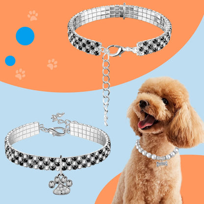 4 Pcs Pearl Dog Collar Necklaces Small Dogs Cats Rhinestones Collar Necklace Set, Crystal Pet Puppy Dog Necklace Adjustable Dog Jewelry for Pet Small Girls Cats (Small, Paw Style)