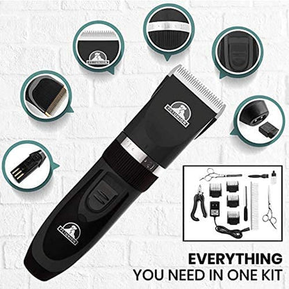 Professional Dog Grooming Kit - Cordless Low Noise Dog Clippers for Grooming Thick Coats - All Pet Safe Cat Hair Trimmer - Pet Grooming Kit Includes Dog Hair Clippers, Nail Trimmer & Shears