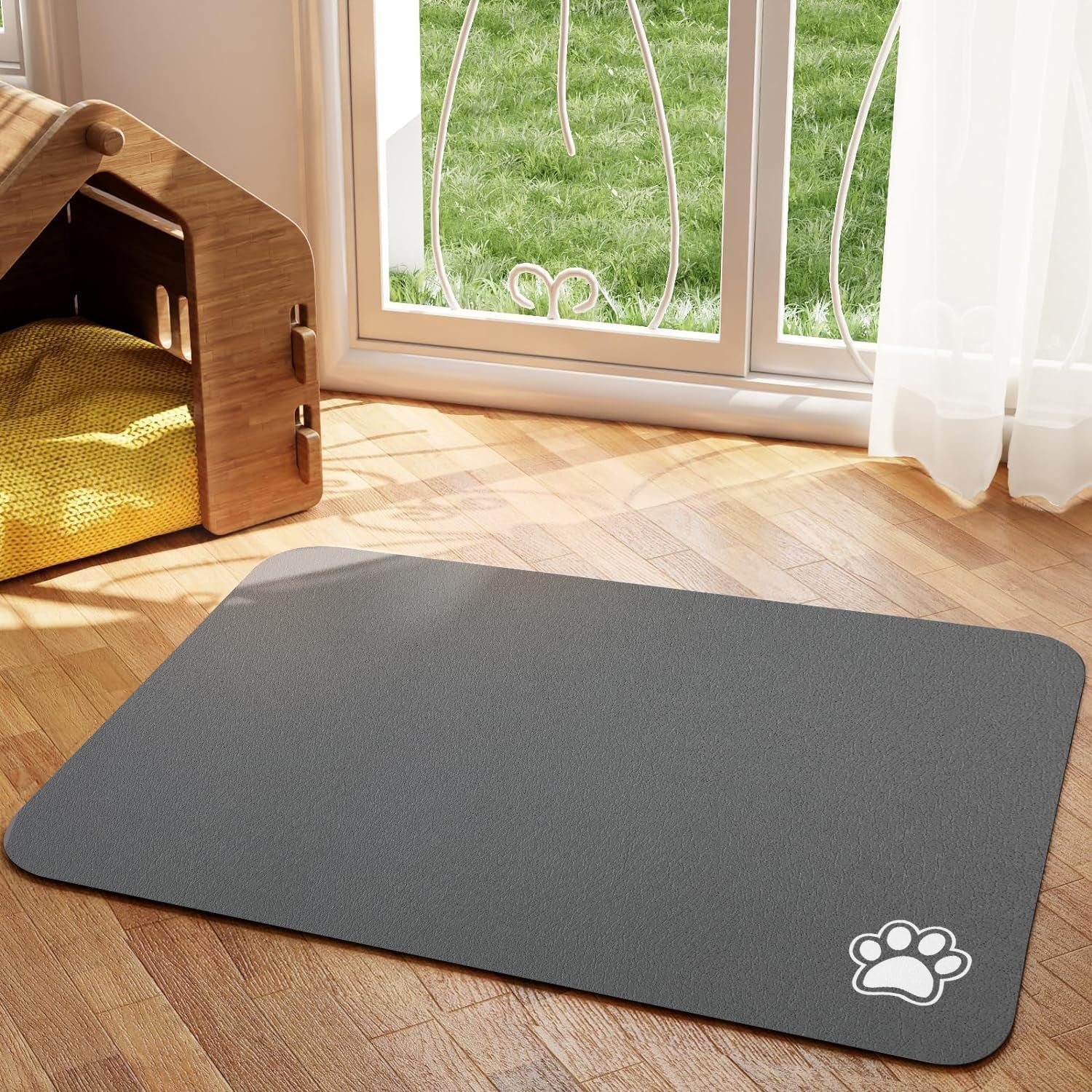 Pet Feeding Mat - Dark Grey 12"X 19" | Absorbent Dog Mat for Food and Water, No Stains Cat Bowl Mat, Easy to Clean Pet Placemats, Quick Dry Dog Water Dispenser Mat for Messy Drinkers