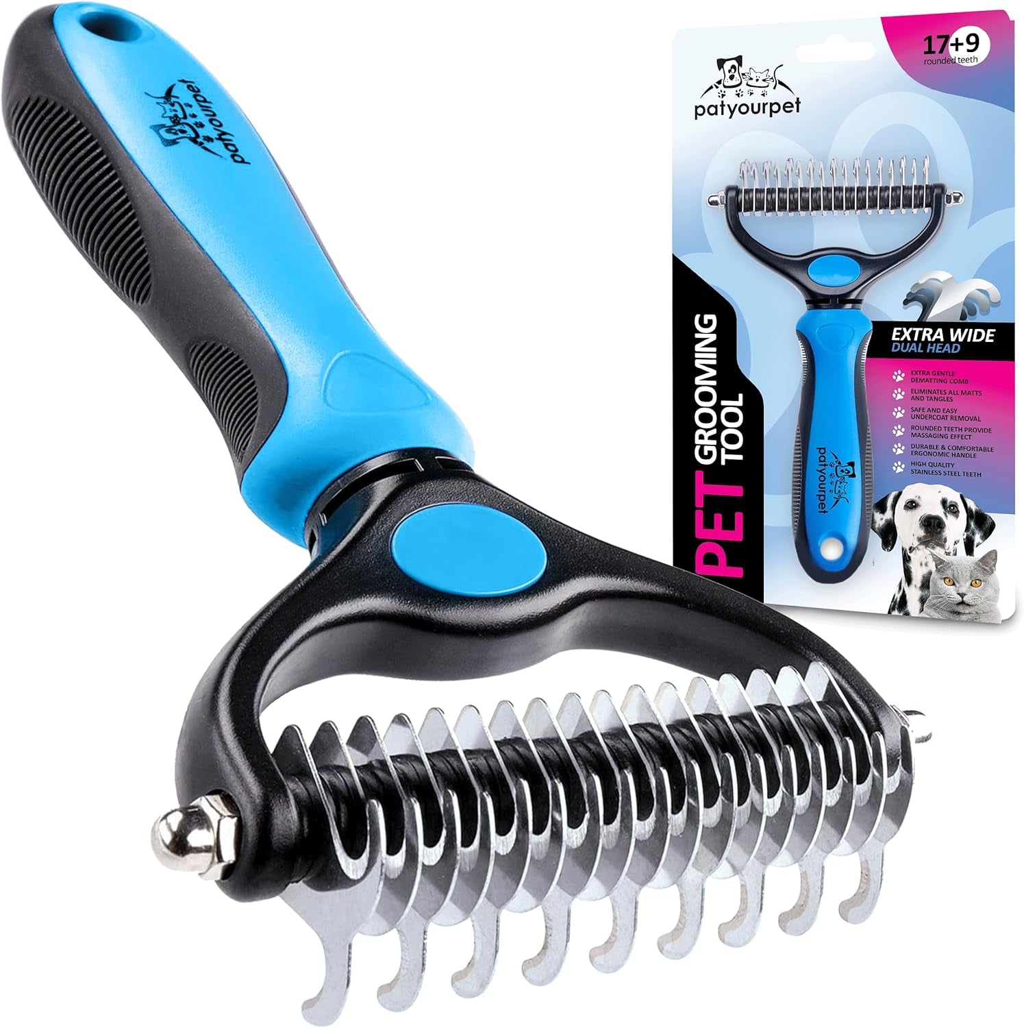 Deshedding Brush - Double-Sided Undercoat Rake for Dogs & Cats - Shedding Comb and Dematting Tool for Grooming, Extra Wide