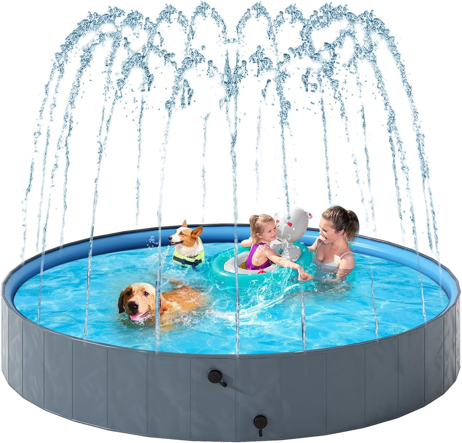 Dog Pool with Sprinkler, Foldable Portable Non-Slip Dog Bath Tub, Outdoor Kiddie Pool with Hard Plastic, Collapsible Dog Swimming Pool for Kids Dogs Pets, Gray (71"X12")