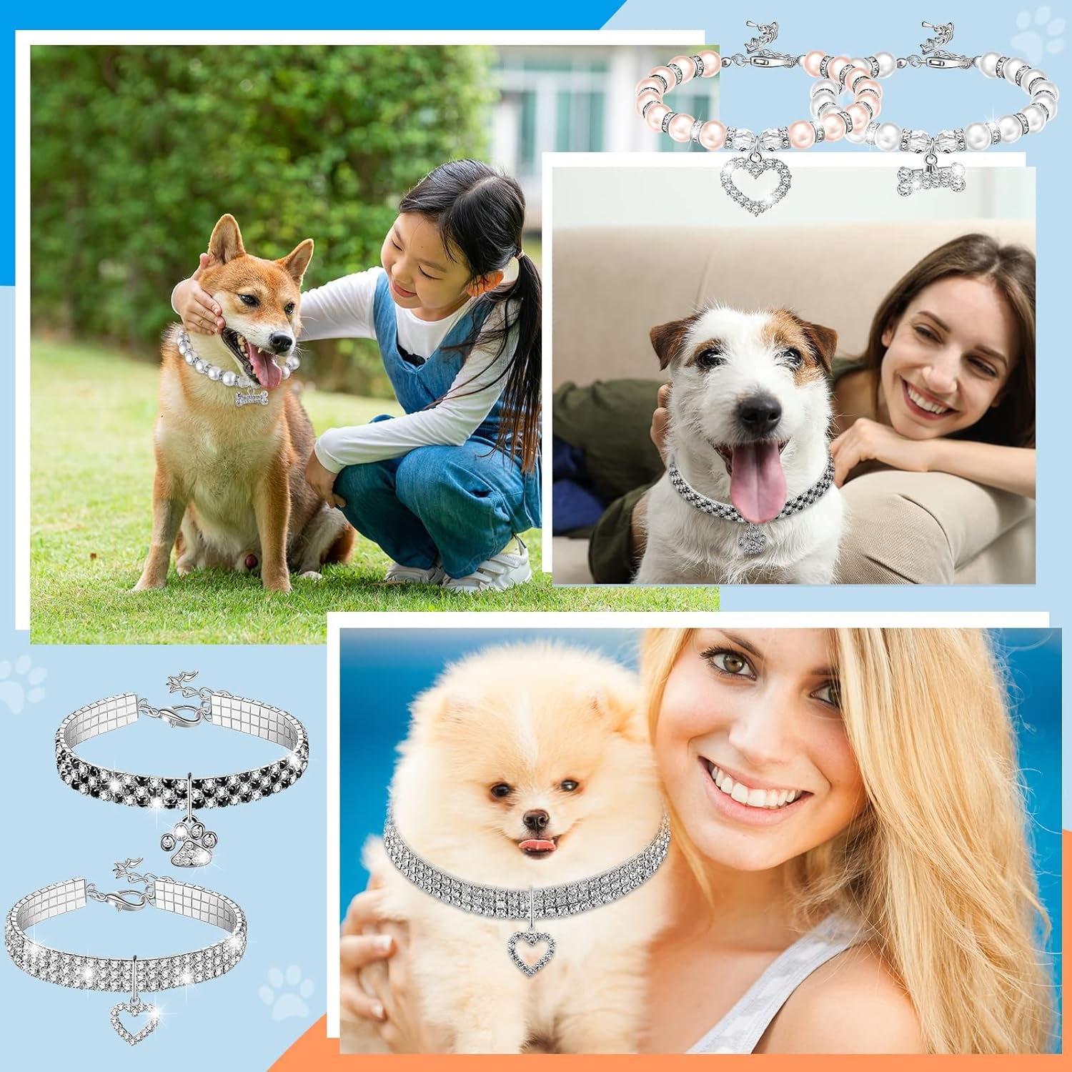 4 Pcs Pearl Dog Collar Necklaces Small Dogs Cats Rhinestones Collar Necklace Set, Crystal Pet Puppy Dog Necklace Adjustable Dog Jewelry for Pet Small Girls Cats (Small, Paw Style)