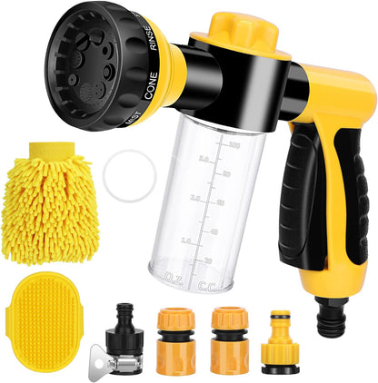 Pup Pony Jet Dog Wash, 7 Pieces Pet Bathing Tool Set Include Hose Nozzle Foam Sprayer with Connectors, Dog Rubber Comb Brush and Wash Mitt, for Showering Pet, Car Wash and Watering Plants