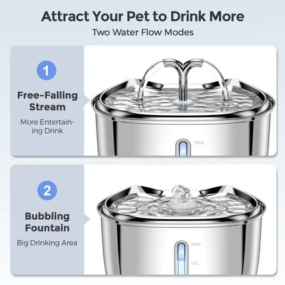 Pet Water Fountain with LED Light, 2.5L Stainless Steel Dispenser for Multiple Pets.